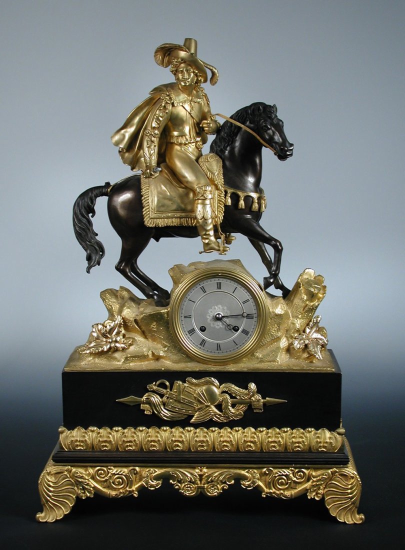 Richond a Paris, a French bronze and ormolu mantel cloc: Richond a Paris, a French bronze and ormolu mantel clock, early 19th century the case with cavalier style figure on horseback (lacking his sword), upon a naturalistic base with moulded apron to the pl