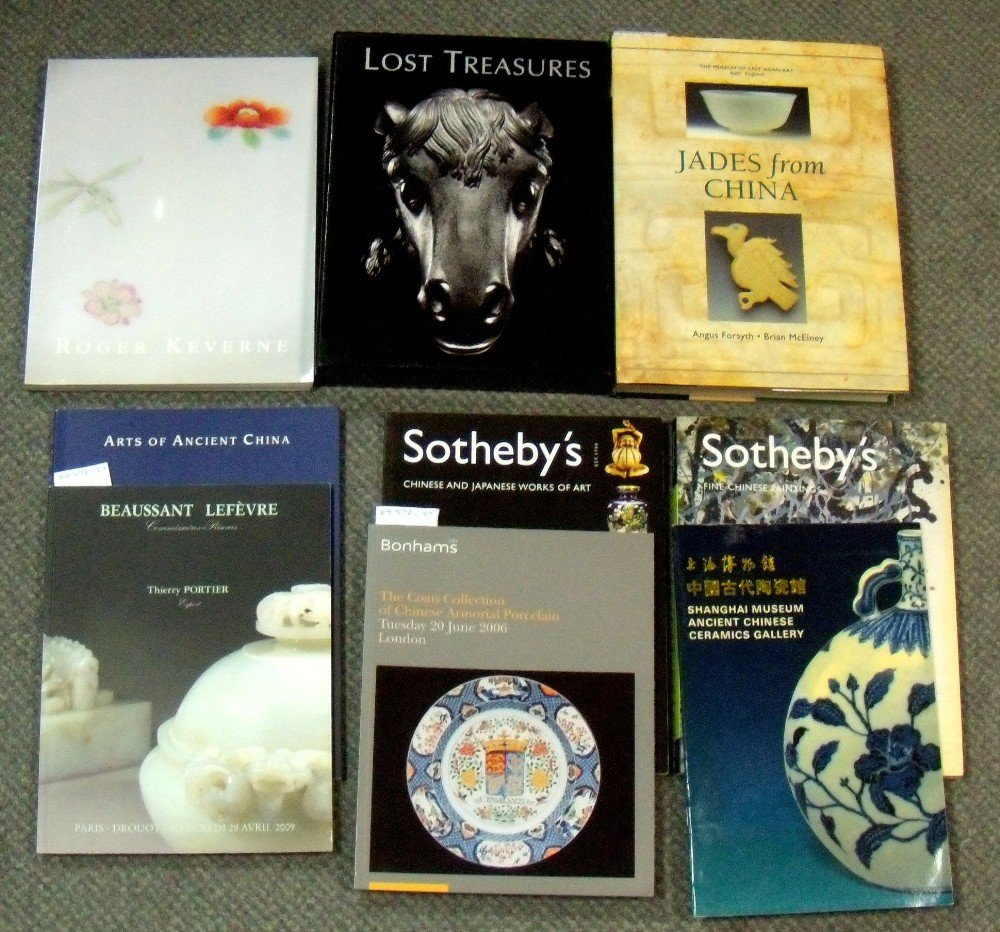 A collection of nine catalogues and a volume on jades,: A collection of nine catalogues and a volume on jades, the catalogues from various dealer's and auctioneer's selling exhibitions, the 'Jades from China' by Angus Forsyth and Brian McElney 1994 (10)
