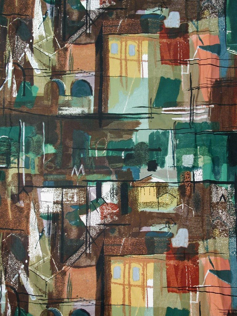 John Piper For Sanderson Fabrics Ltd, 'Stones Of Bath',: John Piper For Sanderson Fabrics Ltd, 'Stones Of Bath', a pair of curtains, Circa 1962 , the screen-printed cotton depicting disjointed and abstract scenes of architecture in various shades of orange,