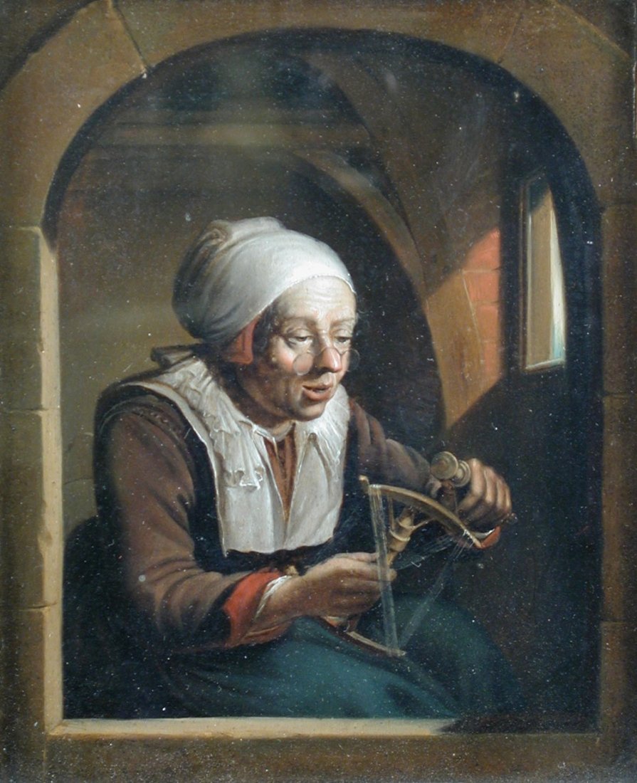 J S Sedley, in the Manner of Gerrit Dou - Study of a: J S Sedley, in the Manner of Gerrit Dou (Dutch, 1613-1675) Study of a Woman Spinning inscribed on the reverse "J S Sedley" oil on panel 17 x 14cm (7 x 5in)