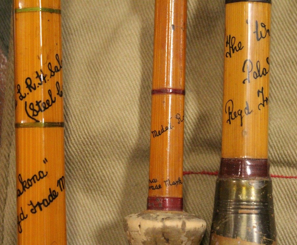 Three Hardy Fly rods: Hardy - The LRH Salmon Fly Rod, split cane with steel centre, 3 pieces, 2 tops, H33146; Hardy - 'Gold Medal', split cane trout fly rod, 13ft, 3 pieces, E57840; Hardy - The 'Wye' split cane rod, 13ft 6