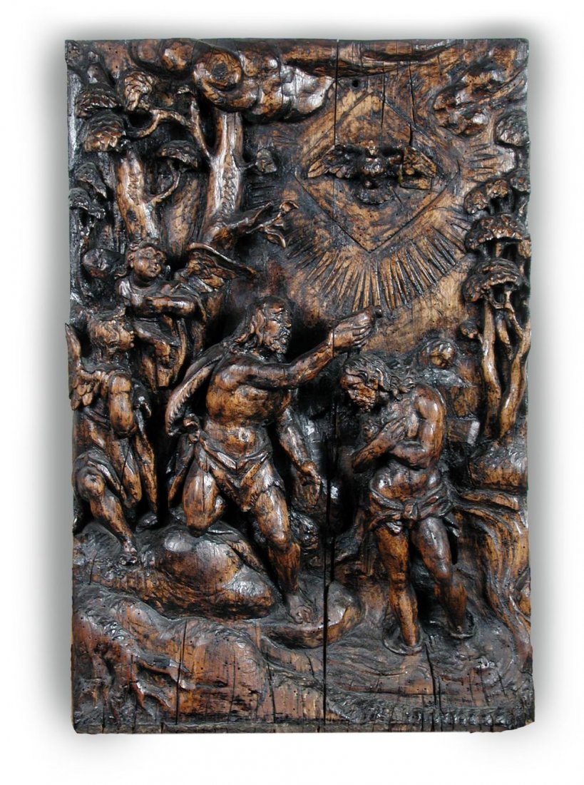 A 17th century style varnished wood (probably pine): A 17th century style varnished wood (probably pine) relief panel, carved with St John baptising Christ while two angels look on, the Holy Dove rising within a diamond shaped halo above, 61 x 41cm (24 