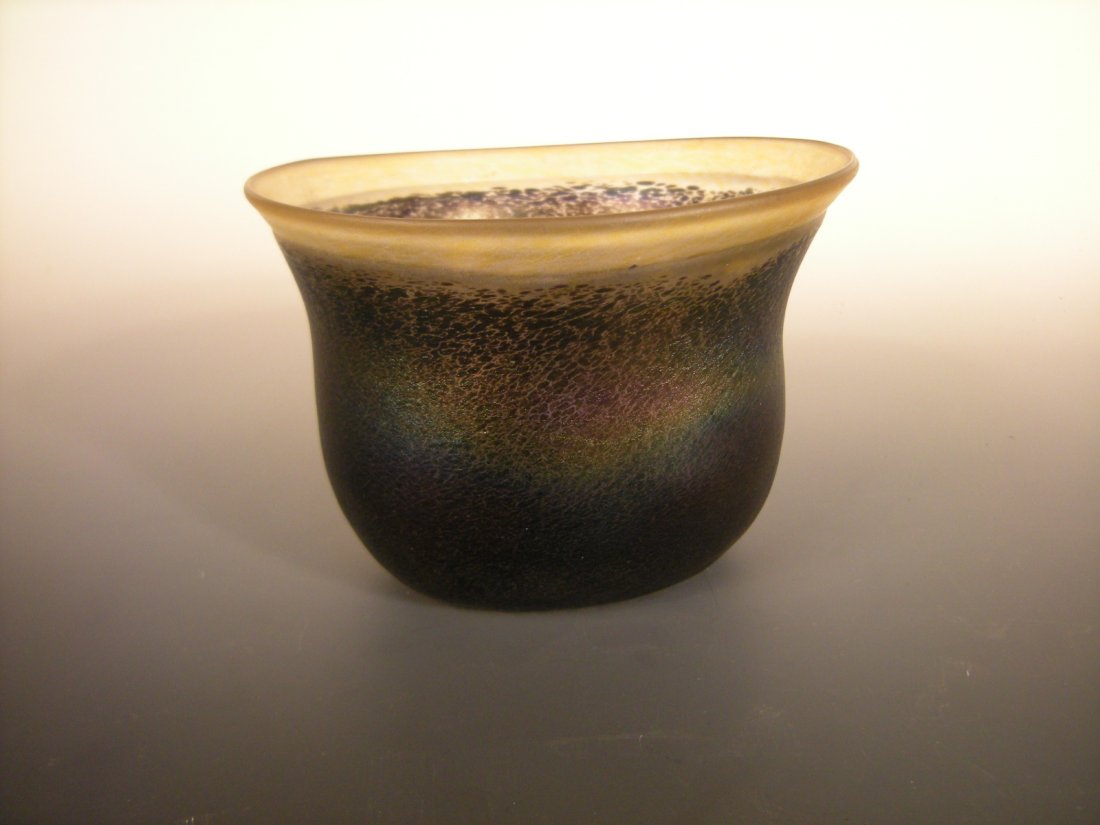 Bertil Vallien for Kosta Boda, an iridescent glass: Bertil Vallien for Kosta Boda, an iridescent glass bowl, of oval form, etched marks to base 9 x 12½cm (4 x 5in)