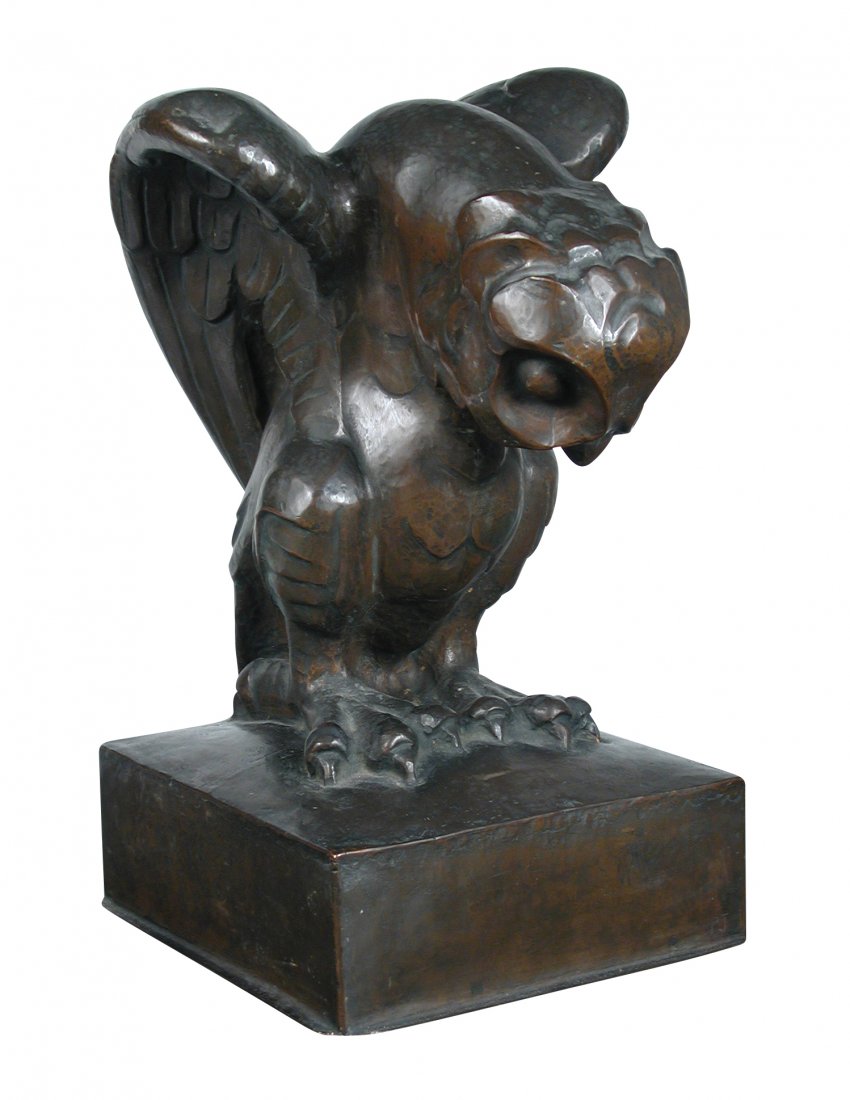 A large hollow copper stylised model of an owl,: A large hollow copper stylised model of an owl, the hammered body resting upon a square section base, etched 'PJ' monogram to front 40 x 25 x 35cm (16 x 10 x 14in)