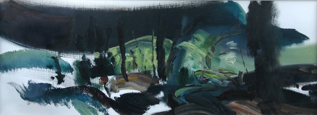 § John Hitchens (British, b.1940) - Deep Woods, Badger: § John Hitchens (British, b.1940) Deep Woods, Badger Gate signed lower right "John Hitchens" and inscribed with title and date of 1983 on the reverse oil on canvas 38 x 107cm (15 x 42in)