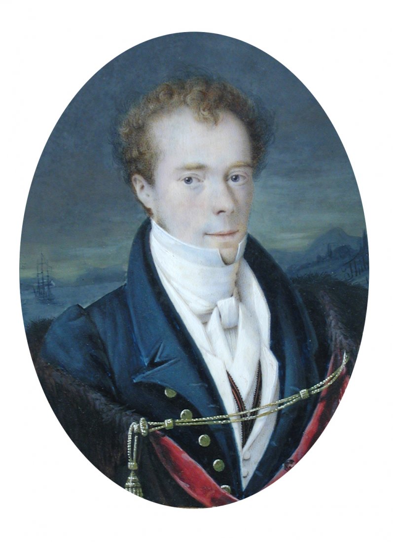 English School, Portrait of a Gentleman: a ship beyondegg tempura on ivory 10 x 7cm (4 x 3in). A ship is clearly visible behind the sitter - he may be a ship owner or explorer . signed indistinctly centre right "Thirl (?)"