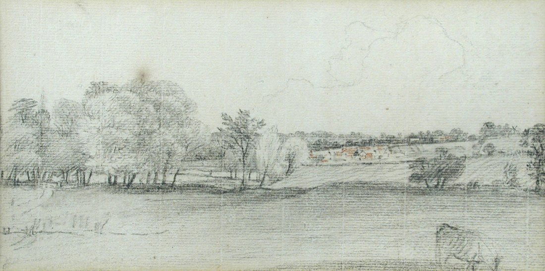 John Constable, RA (British, 1776-1837) River meadows: John Constable, RA (British, 1776-1837) River meadows with willows and cattle, circa 1803-5 pencil heightened with red chalk on laid paper 12 x 23cm (5 x 9in) Provenance: Probably Leggatt Brothers, Lo