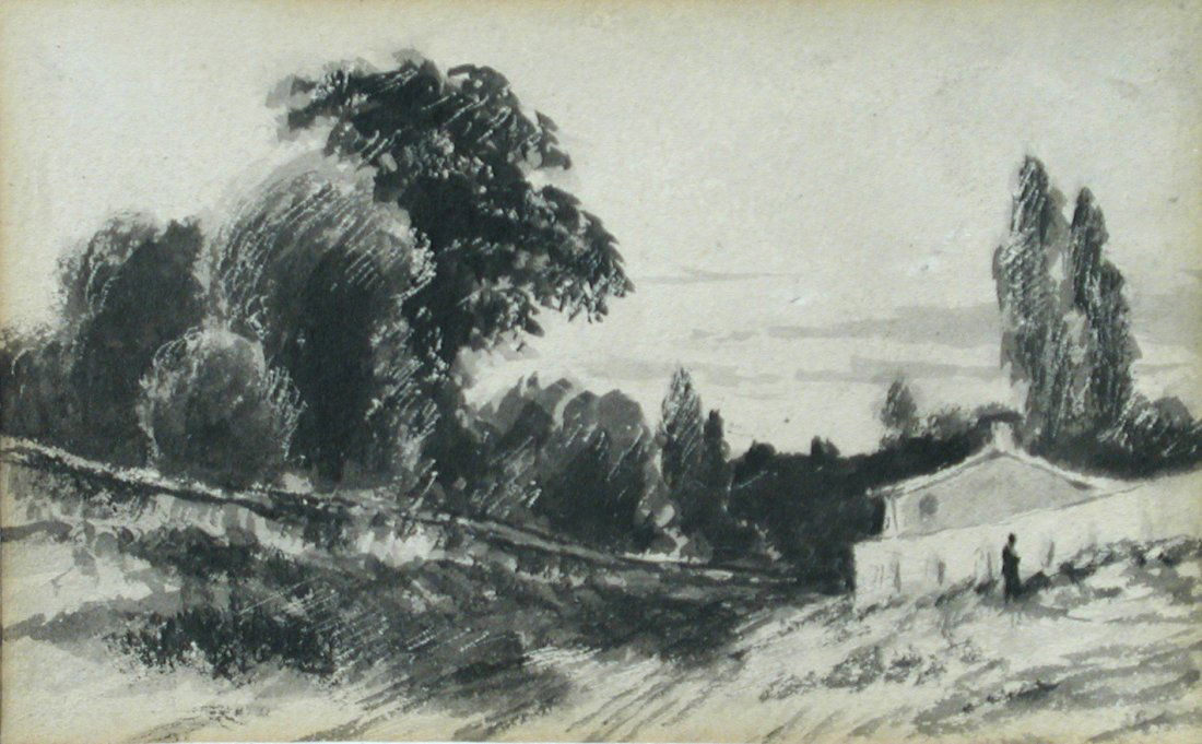John Constable, RA (British, 1776-1837) Cottage with a: John Constable, RA (British, 1776-1837) Cottage with a figure, circa 1830-35 pencil and ink, with scratching out 7 x 12cm (3 x 5in) Provenance: Probably Leggatt Brothers, London, 1899; H A Sutch; Legg