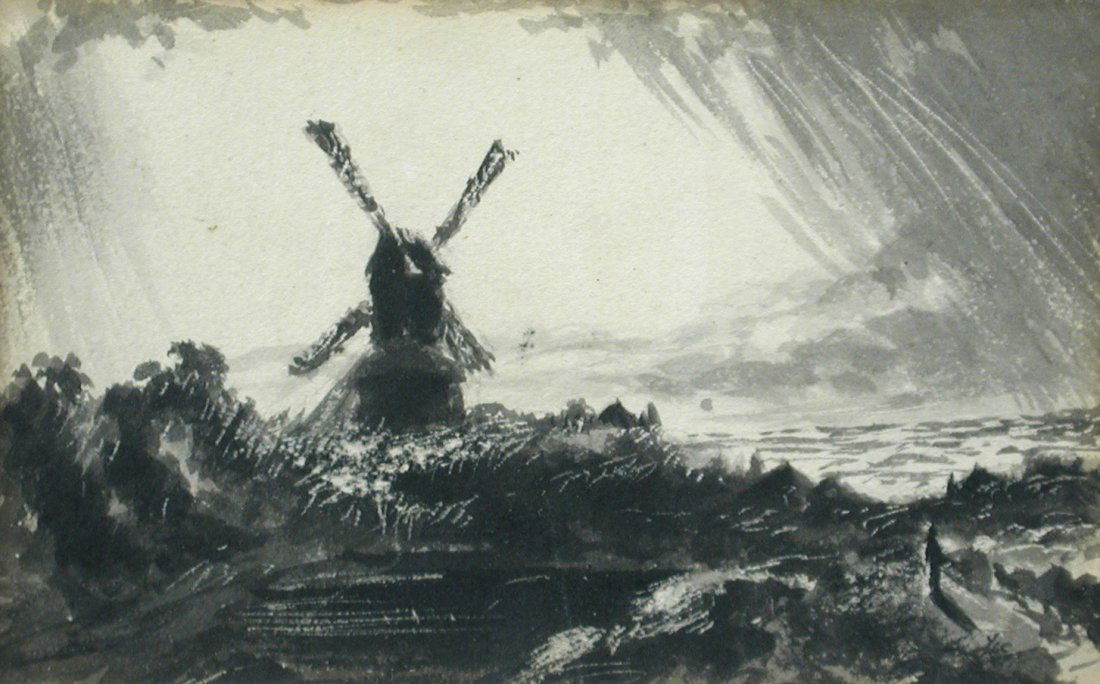 John Constable, RA (British, 1776-1837) Windmill with: John Constable, RA (British, 1776-1837) Windmill with storm clouds, circa 1830-1835 pen and ink with scratching out 7 x 12cm (3 x 5in) Provenance: Probably Leggatt Brothers, London, 1899; H.A.Sutch; L