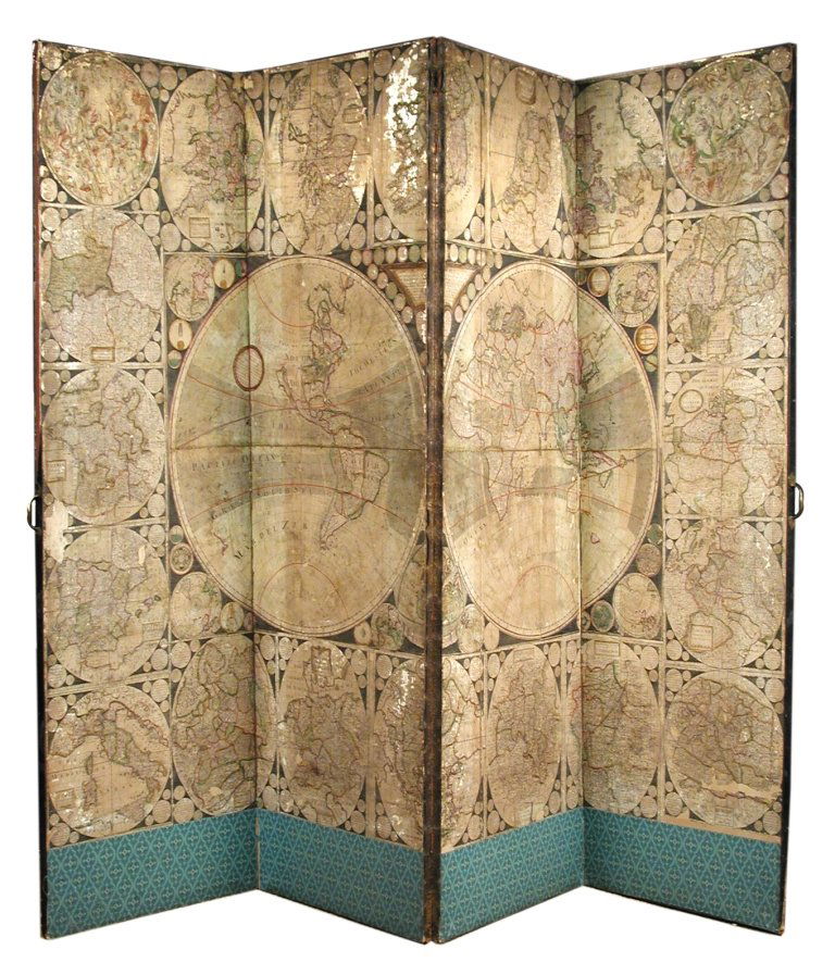 A 19th century four fold screen,: A 19th century four fold screen, decorated with 18th century maps including two hemi-spherical world maps with small text roundels possibly by Henry Overton or John Senex, each 'orb' about 92cm diamet