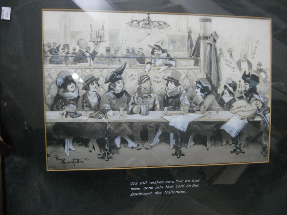 Bairnsfather cartoon: Captain Bruce Bairnsfather (1887-1959). 'Old Bill wishes now that he had never gone into that cafe on the Boulevard des Italiennes', monochrome watercolour with white heightening, signed lower left, i
