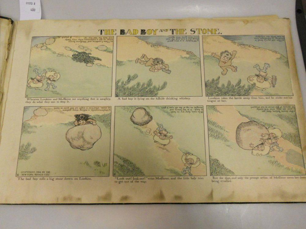 VERBECK (Gustave) The Upside-Downs, six-panel coloured: VERBECK (Gustave) The Upside-Downs, six-panel coloured invertible comic strip on 19 leaves, linen backed, some soiling, oiginally published the New York Herald 1904, cloth, oblong folio