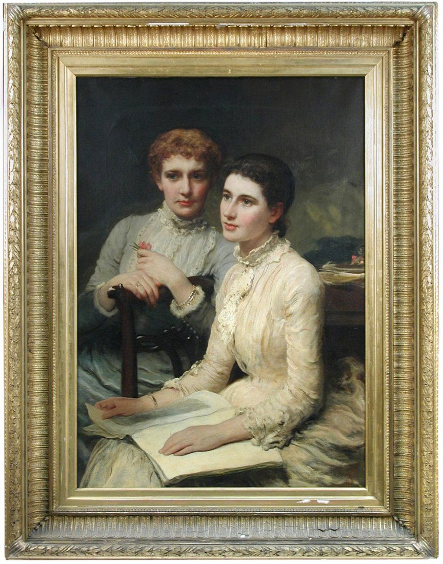 James Sant, RA (1820-1916) - Portrait study of the: James Sant, RA (British, 1820-1916) Portrait of Miss Polly Rodgett (1862-1946) and Miss Maud Burton, the Filleul cousins, circa 1882 signed lower right with initials "JS" oil on canvas 104 x 72cm (41