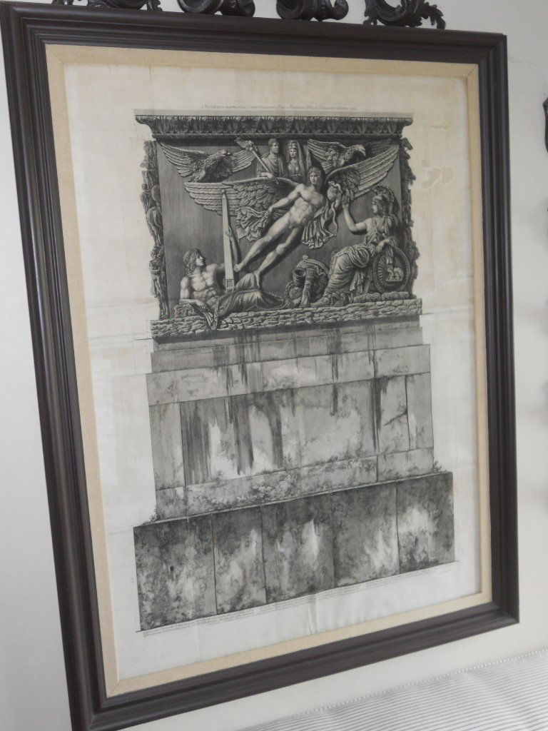 An architectural monumental elevation by Piranesi.: An architectural monumental elevation by Piranesi. Stylobates marmoreus consecrationis Imp Antonini Pii, et Faustinae Uxoris Eius, engraving circa 1770, conjoined sheets on thick paper, 125 x 90cm