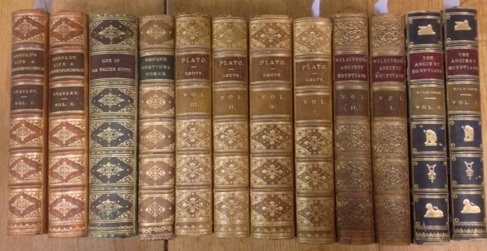 Bindings, GROTE (G) Plato, in 4 vols., new edition: Bindings, GROTE (G) Plato, in 4 vols., new edition 1885, prize calf gilt by Bickers; GARDNER WILKINSON (Sir J) Popular Account of the Ancient Egyptians, in 2 vols. 1854, illustrated; 6 others (12)