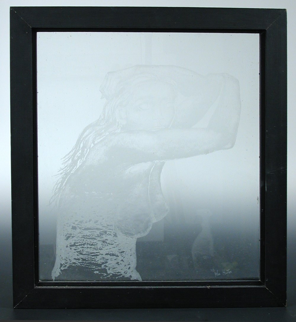 John Hutton (1906-1978), an engraved glass panel,: John Hutton (1906-1978), an engraved glass panel, depicting the torso of a nude lady, signed, 54 x 49cm (21.25 x 19.25 in) within a black frame