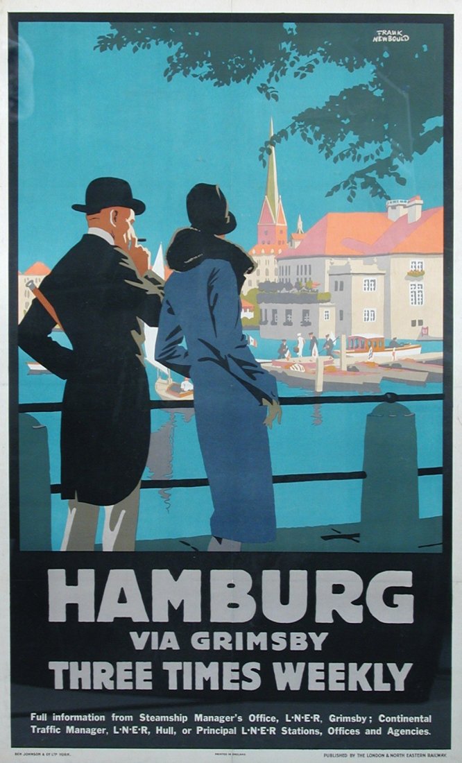 Frank Newbold, (1887-1951), Hamburg via Grimsby,: Frank Newbold, (1887-1951), Hamburg via Grimsby, lithograph in colours, circa 1920, produced by the LNER, printed by Ben Johnson & Co. Ltd., York, backed on linen 99 x 60cm (39 x 23in)