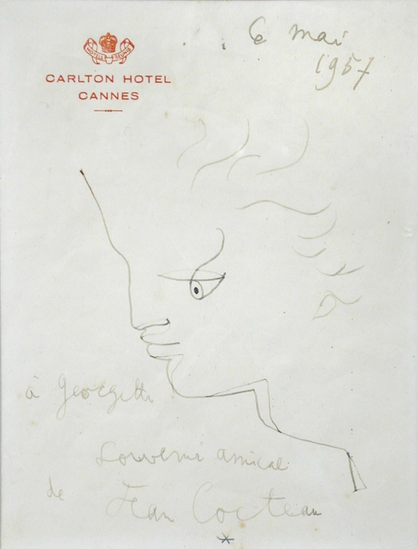 § Jean Cocteau (French, 1889-1963 - Profil, 1957 -: § Jean Cocteau (French, 1889-1963) Profil, 1957 inscribed "A Georgette", encre de chine, signee en bas au milieu "Jean Cocteau" pen and ink on Carlton Hotel, Cannes, writing paper 17 x 13cm (7 x 5in)
