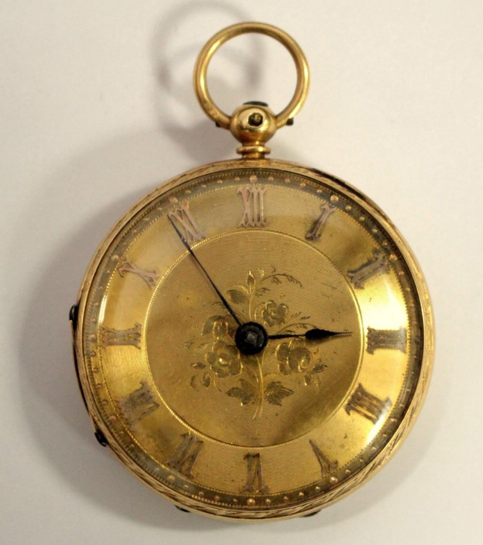 An 18ct gold open face fob watch,: An 18ct gold open face fob watch, the gold coloured dial applied with Roman numerals, the key wind movement unsigned but numbered 34760, the case engraved with foliate scrolls and marked for Chester 1