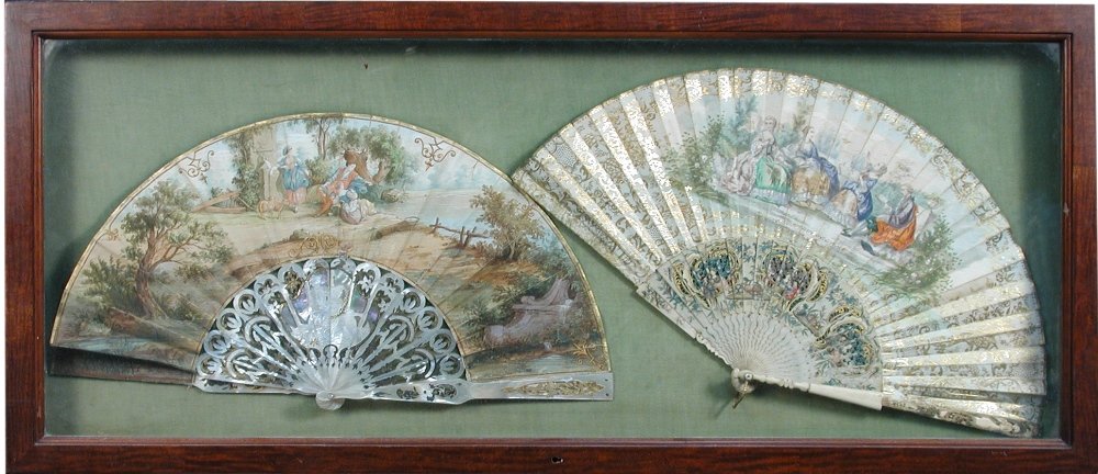 Two late 18th/early 19th century Continental polychrome: Two late 18th/early 19th century Continental polychrome decorated fans, possibly German, the first of ivory and paper, the second of mother-of-pearl and paper, each painted with Romantic scenes of fig