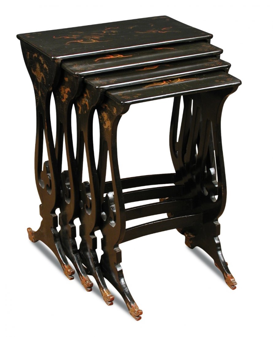 A Quartetto of Chinese lacquer occasional tables,: A Quartetto of Chinese lacquer occasional tables, decorated with Dragons, on mask carved feet 72 x 53 x 30cm (28 x 21 x 12in)