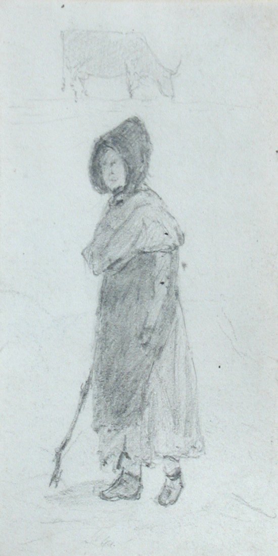 Circle of John Constable (British, 1776-1837) - Study: Circle of John Constable (British, 1776-1837) Study of a rustic woman, a cow grazing beyond pencil 9½ x 5cm (4 x 2in)