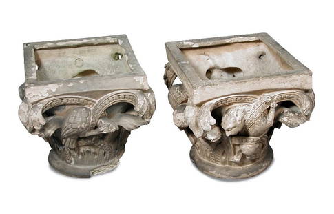 Manifattura di Signa, a pair of terracotta column: Manifattura di Signa, a pair of terracotta column capitals, each decorated with scrolling strapwork and mythical creatures, impressed oval stamps 36 x 40 x 40cm (14 x 16 x 16in)