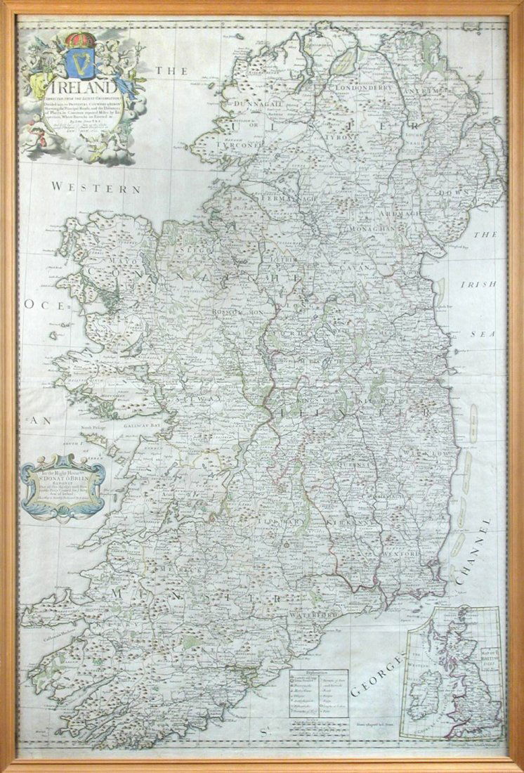 John Senex,: John Senex, Ireland Corrected from the Latest Observations with inset map of the British Isles hand coloured engraved map, 18th century 98 x 66cm (38 x 26in)