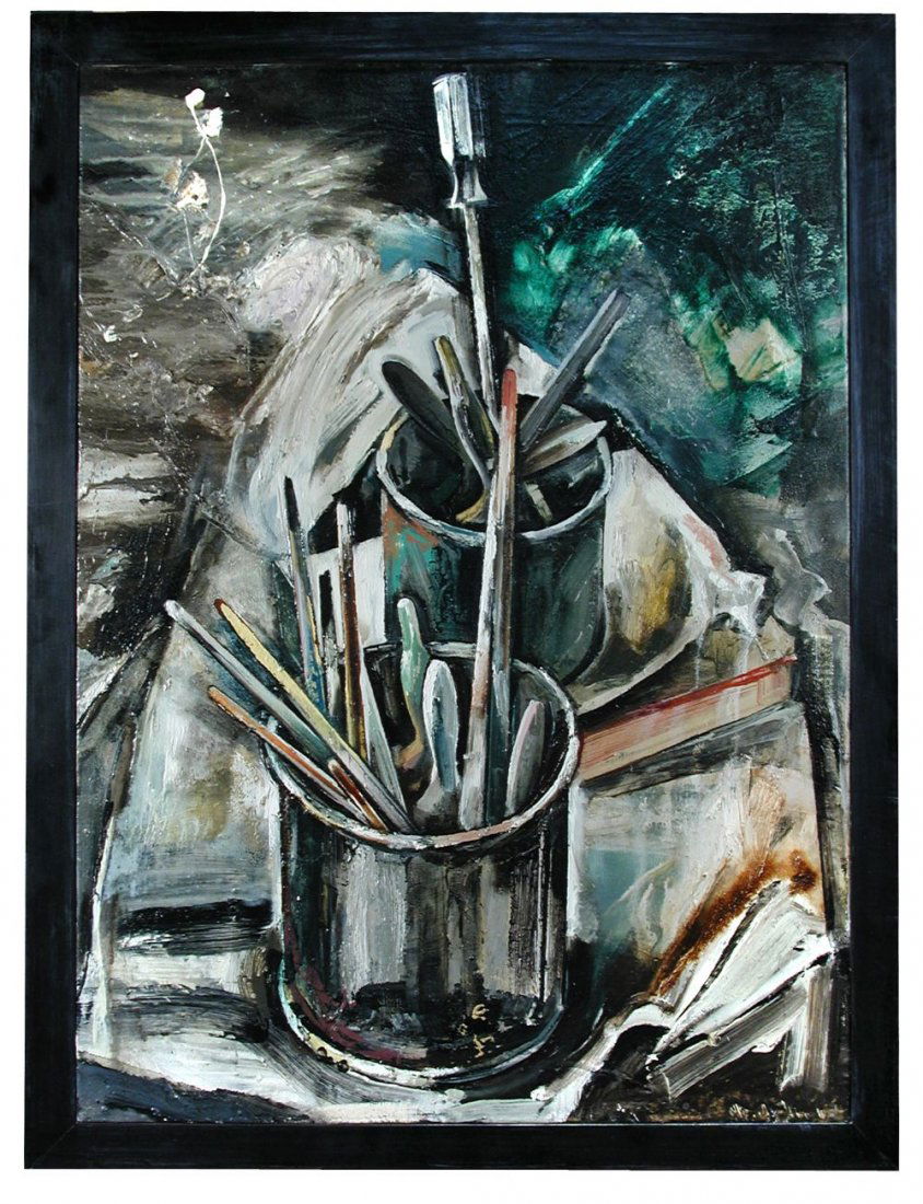§ John Monks (British, b.1954) Tins with brushes signed: § John Monks (British, b.1954) Tins with brushes signed on the reverse "John Monks 1986" oil on canvas board, in a black painted frame 84 x 61cm (33 x 24in)