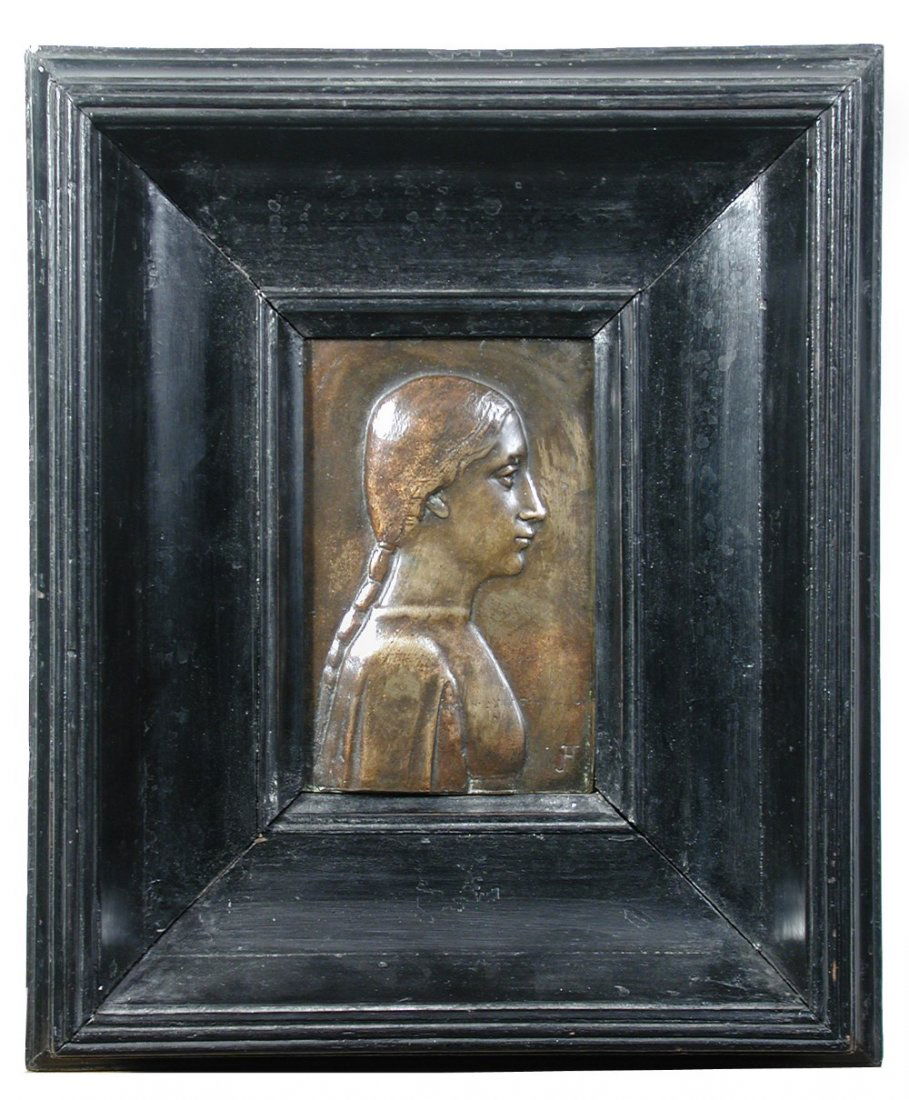 § James Havard Thomas (British, 1854–1921) Side profile: § James Havard Thomas (British, 1854–1921) Side profile of a young woman with a plait signed with initials lower right "JHT" a bronze relief, in original black frame 16 x 10cm (6 x 4in)One of James