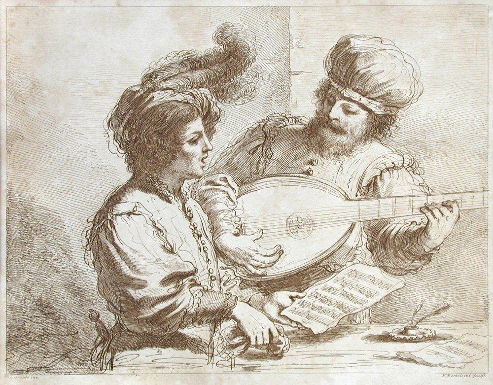 Francesco Bartolozzi, (Italian, 1727-1815) after: Francesco Bartolozzi, (Italian, 1727-1815) after Guercino A man playing the lute whilst a singer sings engraving; together with an engraving by Robert Vaughan (English, 1600-1660), "Thus free from all