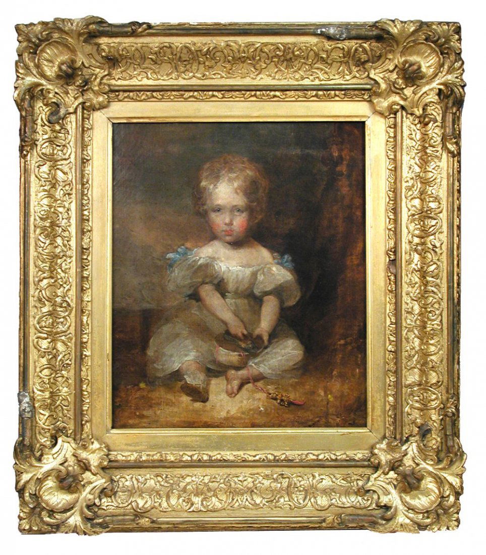 Follower of John Constable (British, 1776-1837): Follower of John Constable (British, 1776-1837) Portrait of a young boy seated in a landscape, holding a tambourine, a coral and gold rattle and blue shoes oil on canvas 29 x 24cm (11 x 9in)