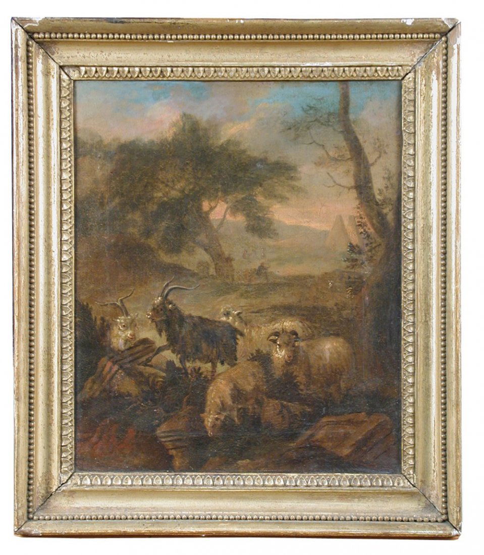 Circle of Matthias Withoos (Dutch, 1627-1703) Goats and: Circle of Matthias Withoos (Dutch, 1627-1703) Goats and sheep in an Italianate landscape oil on canvas 34 x 29cm (13 x 11in)