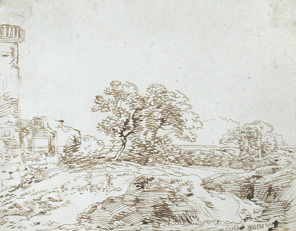 Ferdinand Kobell (German, 1740-1799) A rocky landscape: Ferdinand Kobell (German, 1740-1799) A rocky landscape with castle ruins; and Landscape with figures beneath a cliff pen and ink (2) 14 x 21cm (5 x 8in)