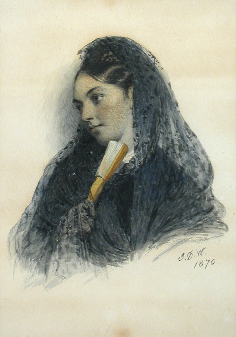 John Dawson Watson (British, 1832–1892) Portrait of: John Dawson Watson (British, 1832–1892) Portrait of Miss Mary Anne Burr (1839-1925) with a fan signed lower right with initials "JDW 1870" watercolour 29½ x 21cm (11 x 8in)