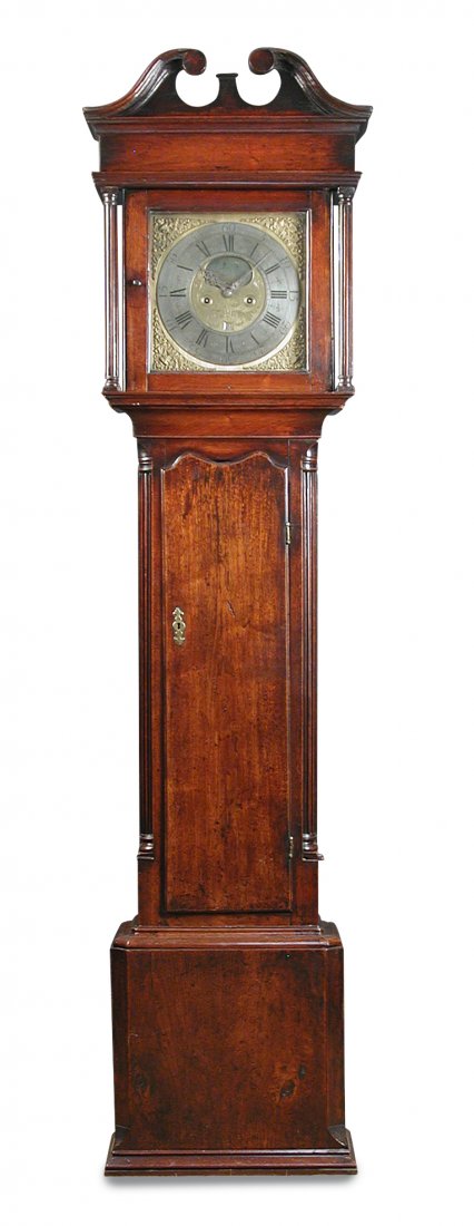 An 18th century mahogany eight day longcase clock with: An 18th century mahogany eight day longcase clock with rocking ship automaton, the hood with swanneck pediment, above shaped top trunk door flanked by quarter pilasters, upon a rectangular plinth, the