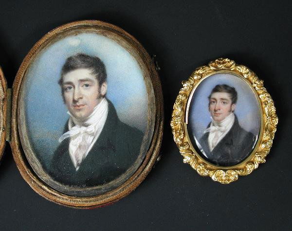 TWO PORTRAIT MINIATURES OF THE SAME MAN: John Wright (Circa 1760-1820), an early 19th century portrait miniature of 'Mr Colleton', the dark haired gentleman wearing a black coat and white cravat against a sky ground, inscribed verso, 8.5cm h