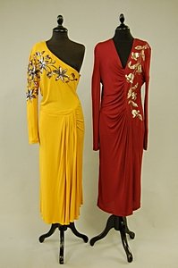 Four Murray Arbeid 1940s style jersey ensembles,: Four Murray Arbeid 1940s style jersey ensembles, late 1970s, labelled, comprising: orange jersey with black sequins; burgundy with gold sequins; a purple moiree coat, skirt and sequinned top, average