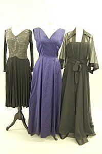 20th century costume, eight ensembles including a: 20th century costume, eight ensembles including a navy satin Dior London ball gown c.1958; black Murray Arbeid gown with bugle beaded bodice, 1980s, a Frank Usher black organza and satin edged evening
