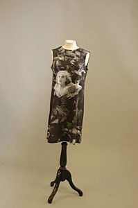 An Agnes B `Fay Ray' shift dress, 1990s, labelled: An Agnes B `Fay Ray' shift dress, 1990s, labelled and size 2, printed to back and front with a portrait of the star in the clutches of King Kong, bust 97cm, 38in