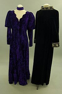 A group of evening wear late 1960s-1980s, five go: A group of evening wear late 1960s-1980s, five gowns including Caroline Charles deep purple crushed velvet; Roland Klein printed chiffon; two jersey gowns in pink and peach and a black velvet gown wit