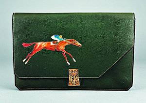 An extremely rare Hermès race bag, French, 1930s, s: An extremely rare Hermès race bag, French, 1930s, stamped with maker's name to the interior leather and also to the pierced 18 carat French gold clasp, maker's marks, the top flap applied with