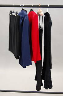 Two Rifat Ozbek black jersey cocktail dresses, 19: Two Rifat Ozbek black jersey cocktail dresses, 1980s-early 90s, labelled, one with lightly padded shoulders, plunging neckline, flounced hem, the other of empire-line with shoulder straps, trained 3/4