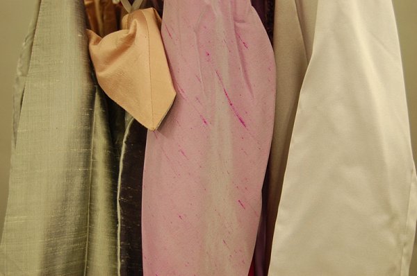 Antony Price evening wear, late 1980s-early 1990s,: Antony Price evening wear, late 1980s-early 1990s, comprising lilac and pink slubbed silk cocktail dress, labelled, with long cape or train; together with two unlabelled evening coats, one of pink/lil