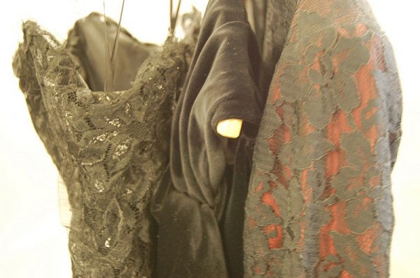 Antony Price cocktail dresses, 1980s-90s, labelled,: Antony Price cocktail dresses, 1980s-90s, labelled, comprising: black lace and burgundy taffeta strapless gown with single breasted jacket; a black lace dress with soutache braid flowerheads, long sle