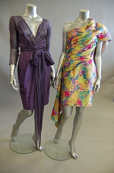 Antony Price cocktail dresses, 1980s-90s, labelled: Antony Price cocktail dresses, 1980s-90s, labelled, comprising: jungle print brocaded silk cocktail dress with swathed bodice and sari-like shoulder panel; a violet chiffon and silk dress with long sa