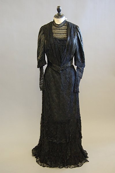 A black satin bodice and skirt, circa 1900, label