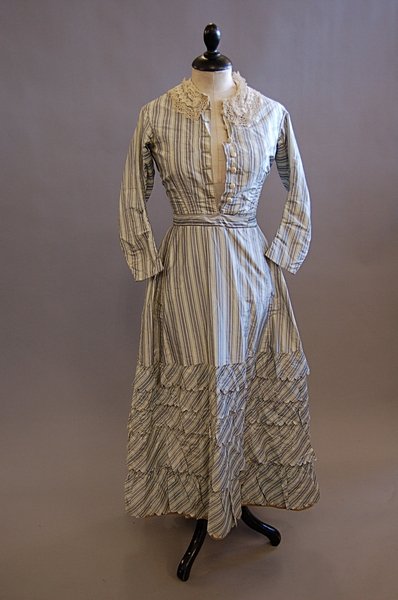 A striped grey and blue taffeta gown, 1860s, with - 2