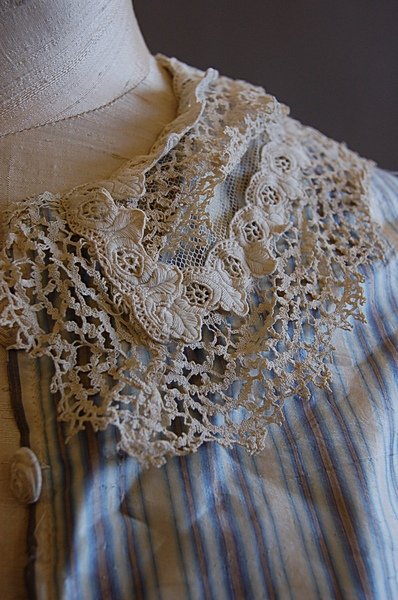 A striped grey and blue taffeta gown, 1860s, with - 4