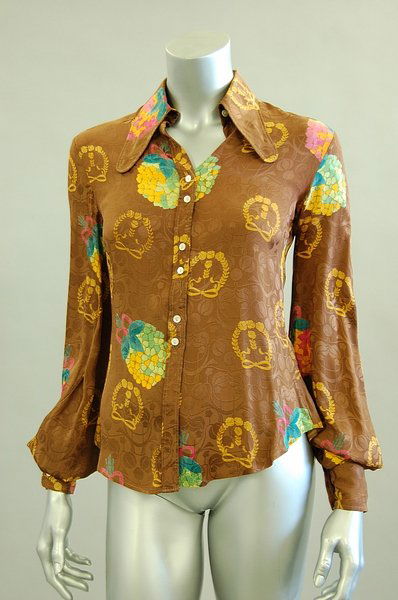 A Jeff Banks printed brown damask satin blouse, e: A Jeff Banks printed brown damask satin blouse, early 1970s, labelled size 12, bust 86cm, 34in